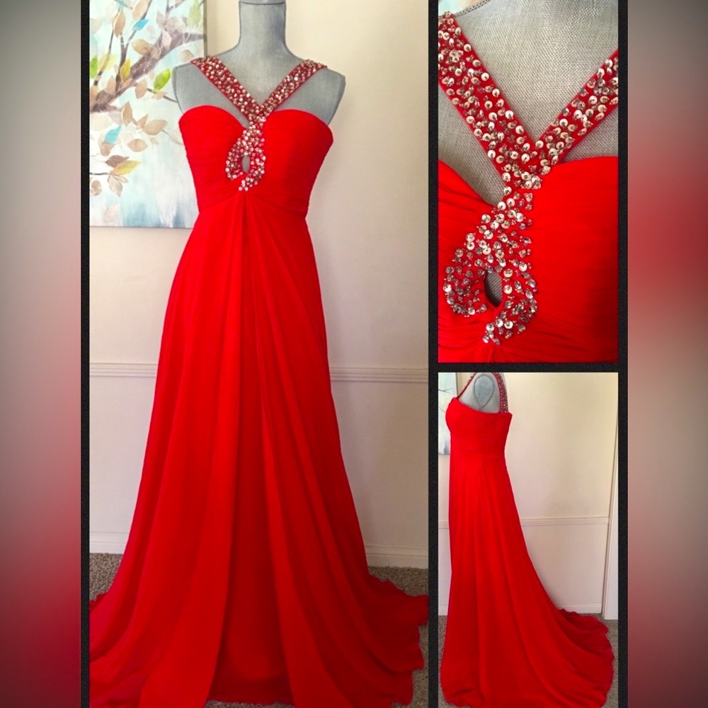 JJ's HOUSE ❤️RED❤️ FLOOR-LENGTH CHIFFON SEQUIN SPECIAL OCCASION DRESS 🌟NWT🌟